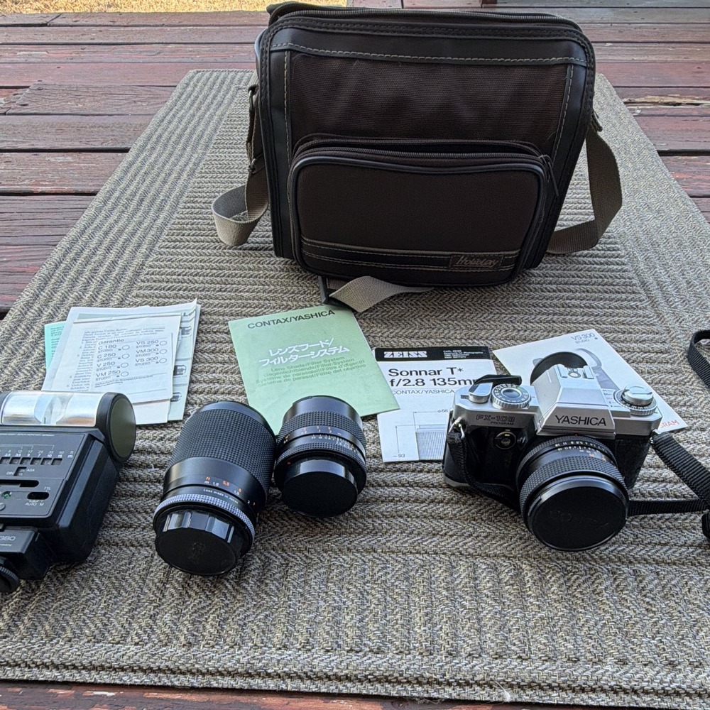 Yashica FX-103 Program 35mm SLR Camera Contax Carl Zeiss Lenses Flash Bag Kit